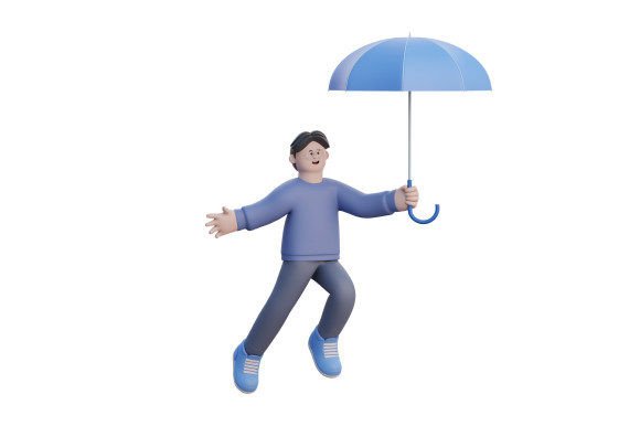 3D Man Floating with an Umbrella