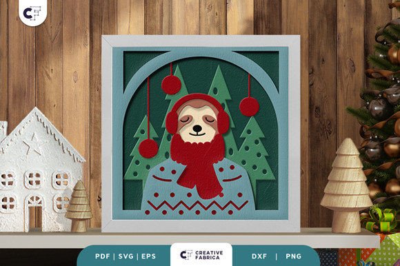 Retro Christmas Sloth 3D Shadow Box